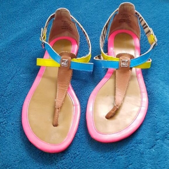 Sperry Pink Yellow Neon Top Sider Thong Strappy Sandals Size 6 - Picture 1 of 15